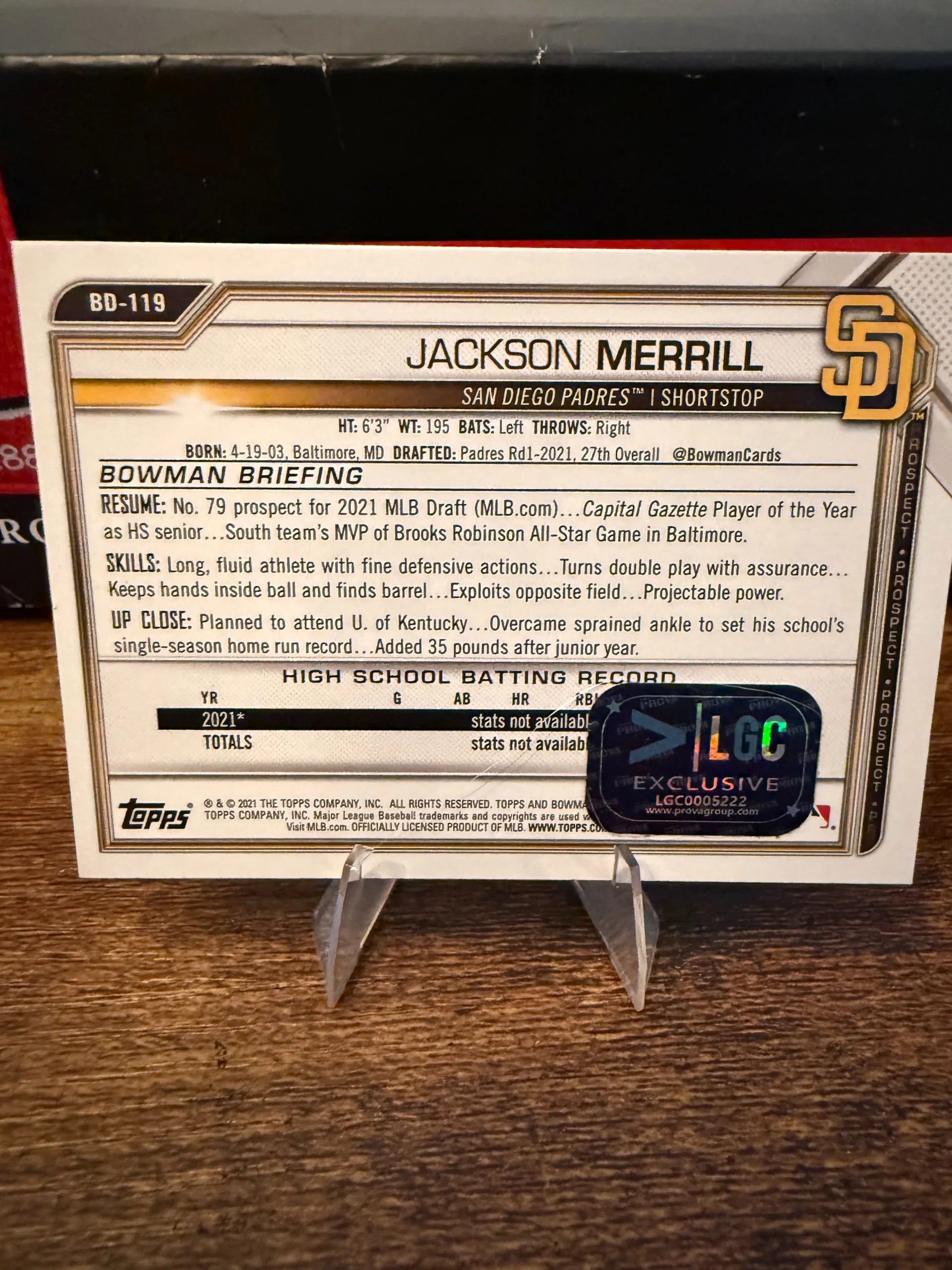 Jackson Merrill 2021 1st Bowman AUTOGRAPHED #BD-119 Auto Prova COA